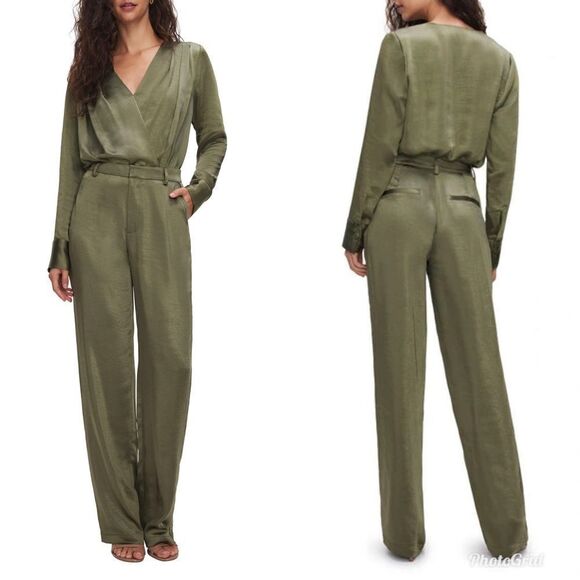Revolve Good American WASHED SATIN STRAIGHT LEG TROUSERS JUNIPER GREEN001 sz 15 - Picture 1 of 11
